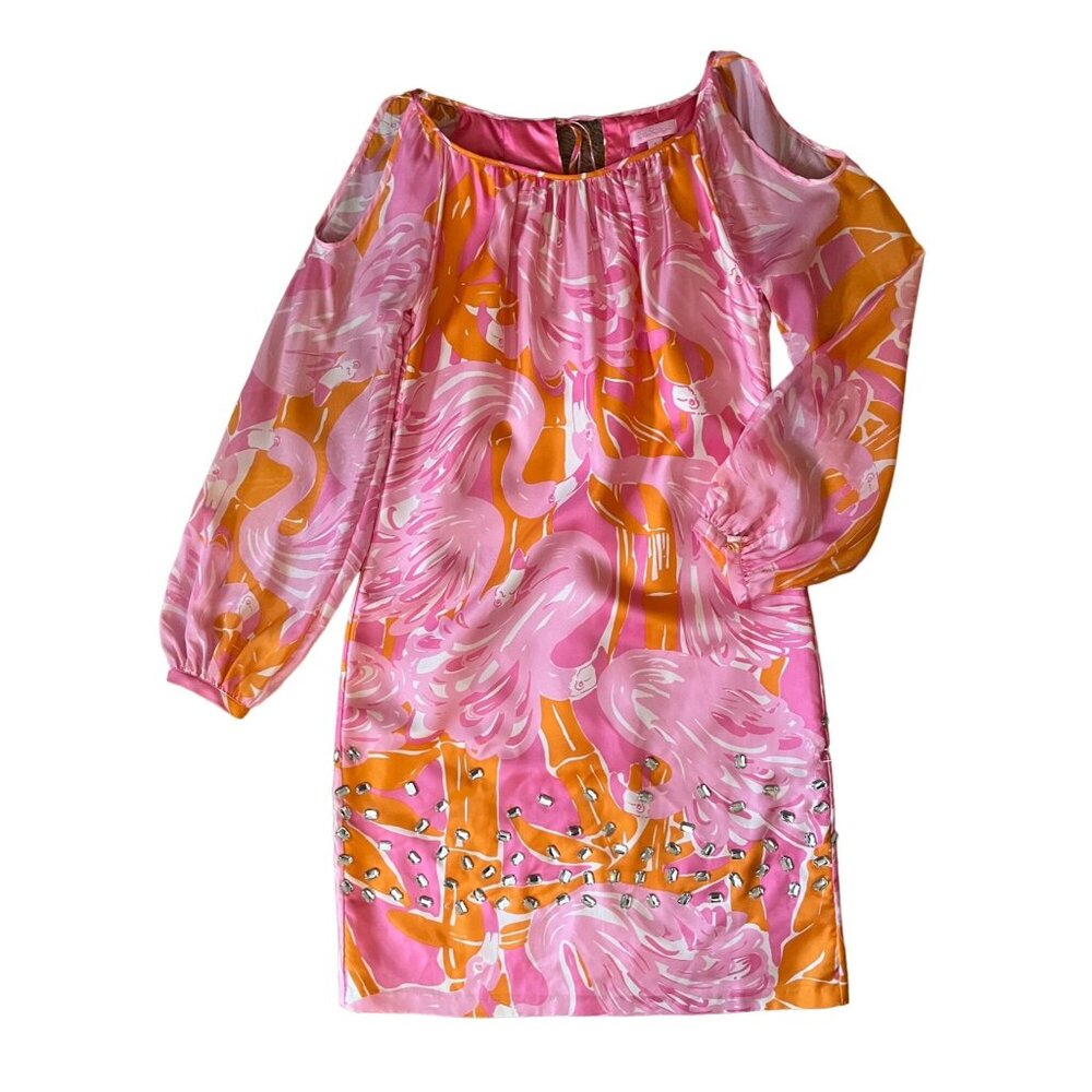 VGUC Lilly Pulitzer Pink and Orange Long Sleeve Flamingo Print Dress Size 6